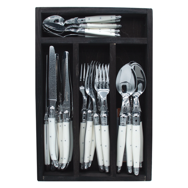 Jean Dubost 24 Pc Everyday Flatware Set with White Handles in Black Tray